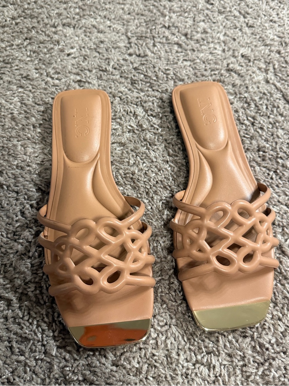 INC International Concepts Tan Braided Slide Sandals with Gold Accent